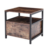 Brown bedside table with black metal frame, open shelf and front one-drawer unit