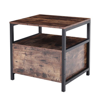 Brown bedside table with black metal frame, open shelf and front one-drawer unit