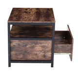 Brown bedside table with black metal frame, drawer open with metal rails