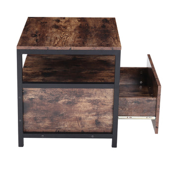 Brown bedside table with black metal frame, drawer open with metal rails
