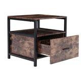 Brown bedside table with black metal frame, two open shelves and extended drawer