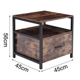 Brown bedside table, 45cm x 45cm x 56cm, black frame, open shelf and drawer