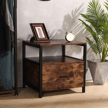 Brown wood bedside table with black metal frame and one drawer, open shelf