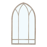 Arch-shaped metal mirror frame with decorative vaulted panels and grid base