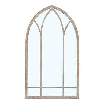 Arch-shaped metal mirror frame with decorative vaulted panels and grid base