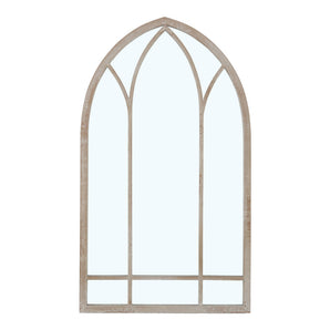 Arch-shaped metal mirror frame with decorative vaulted panels and grid base
