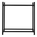 Black iron firewood log holder frame with top bar and lower shelf