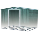 Green metal tool storage shed with gabled roof and raised floor door threshold