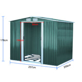 Metal shed size diagram: 257cm wide, 178cm high, door 95cm wide, depth 259cm