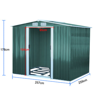 Metal shed size diagram: 257cm wide, 178cm high, door 95cm wide, depth 259cm