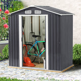 Black steel shed with wide open double doors showing interior storage area