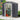 Black steel shed with wide open double doors showing interior storage area