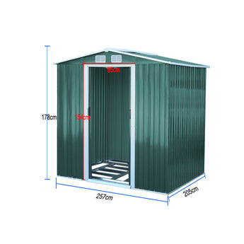 Metal shed size diagram: 257cm wide, 178cm high, door 95cm wide, depth 205cm