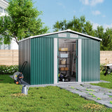 257cm wide metal garden tools storage shed with gabled roof, green side walls and open door
