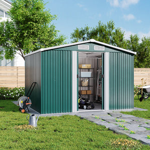 257cm wide metal garden tools storage shed with gabled roof, green side walls and open door