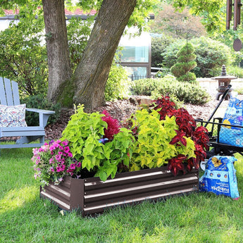 Galvanized steel raised garden bed planter box with square frame and planted flowers