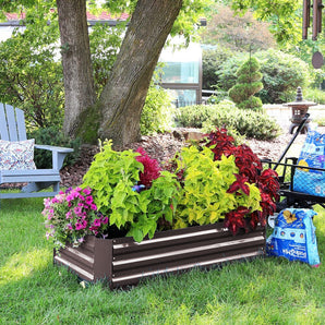 Galvanized steel raised garden bed planter box with square frame and planted flowers