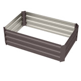 Square raised garden bed planter box, gray slatted metal panels, open interior