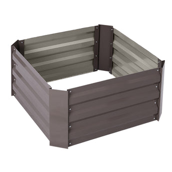 Raised garden bed planter box corner view with gray slats and metal edge supports