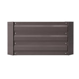 Raised garden bed planter box front panel with gray slats and visible fasteners