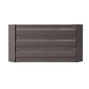 Raised garden bed planter box front panel with gray slats and visible fasteners