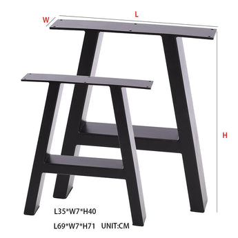 Black table leg dimensions shown: width W, length L, height H for the pair