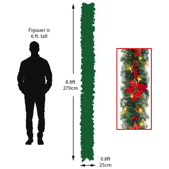 Artificial Christmas garland with warm white lights and red ribbon bows (wreath inset)