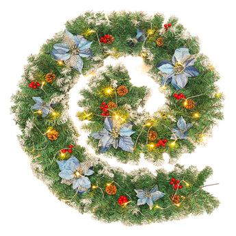Artificial LED Christmas wreath garland with blue star flowers and warm white lights