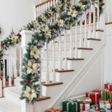 Artificial LED Christmas garland with cream star flowers and warm white lights on stairs