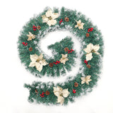 Christmas LED garland wreath with green foliage, cream star flowers, and red berries