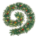 Artificial LED Christmas wreath garland with pine cones, red berries, and warm white lights