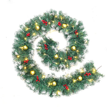 Christmas LED garland wreath with warm white lights, red berries, and gold ornaments