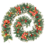 Christmas LED garland wreath with green foliage, red ribbons, pine cones, and warm lights