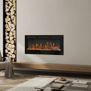 Wall-mounted electric fireplace with black frame and glowing flame insert