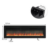 Black electric fireplace insert with LED flames, showing 127cm width