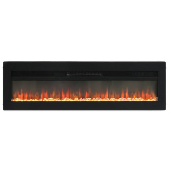 Black electric fireplace insert front view with LED flame panel behind glass
