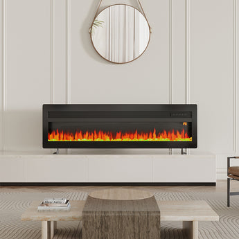 Black electric fireplace insert with tempered glass and LED flame display