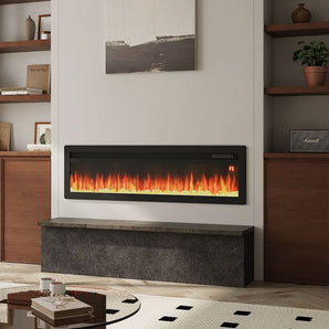 Modern electric fireplace insert with tempered glass and adjustable LED flame glow