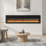 Black wall-mounted electric fireplace with bright orange flame effect behind glass.