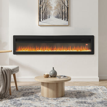 Black wall-mounted electric fireplace with bright orange flame effect behind glass.