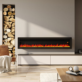 Black wall-mounted electric fireplace with glowing red-orange flame display in a glass front.