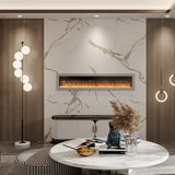 Wall-mounted 60-inch electric fireplace with orange flame display in gray surround