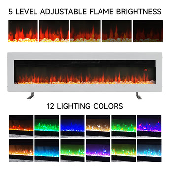 60-inch electric fireplace showing adjustable flame brightness and 12 lighting colors