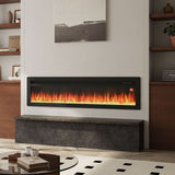 60-inch wall electric fireplace with orange flame strip and dark glass frame