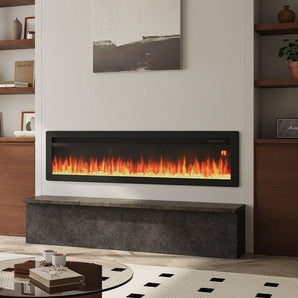60-inch wall electric fireplace with orange flame strip and dark glass frame
