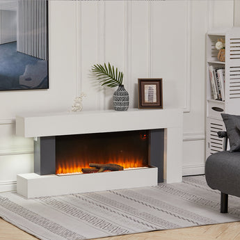Freestanding electric fireplace with white mantel and dark interior, glowing orange flame effect.