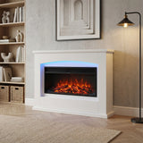 White electric fireplace with black firebox and blue LED backlit frame