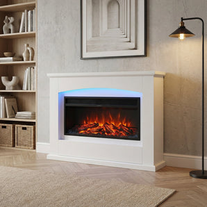 White electric fireplace with black firebox and blue LED backlit frame