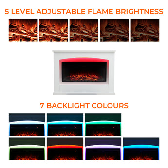 White electric fireplace showing adjustable flame brightness and multicolor backlight