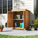 Outdoor wooden storage shed with doors open, shelves and stored yard tools inside
